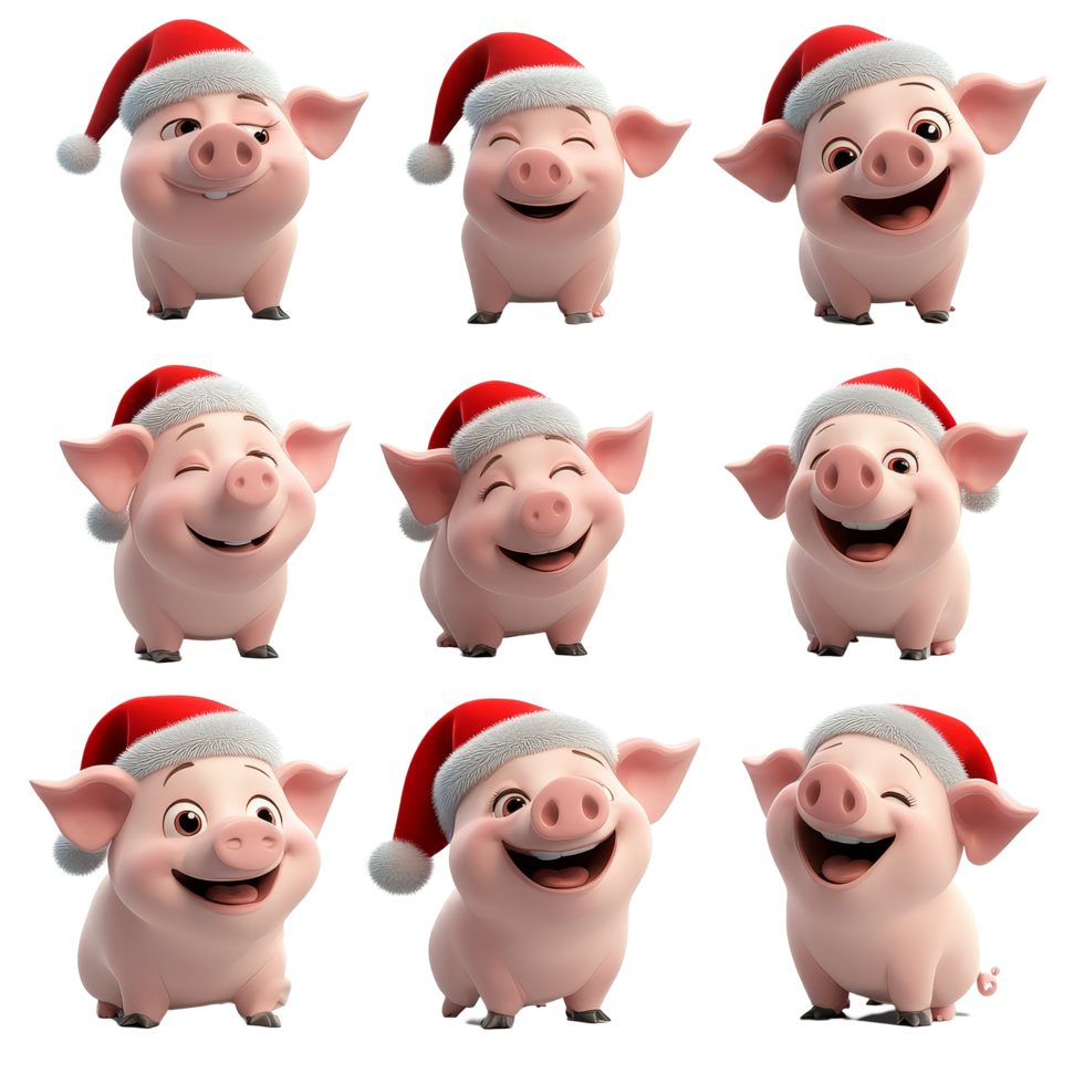 Cheerful cartoon pigs wearing Santa hats celebrating the holiday season on a transparent background, 3D Cartoon Pig Set in Santa Hats on transparent background png