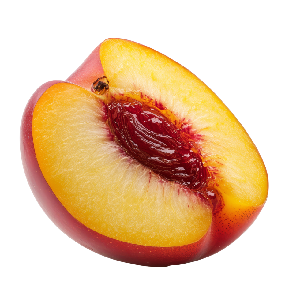 Half yellow nectarine partially exposed on a clean transparent background showcasing its juicy flesh and vibrant color, half yellow nectarine isolated on transparent background png