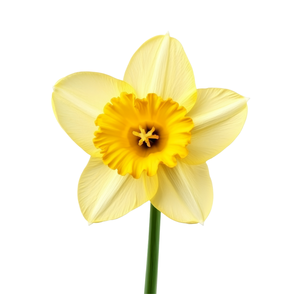 A vibrant daffodil flower isolated on a clean transparent background showcasing its bright yellow petals and intricate details, dafodil flower isolated on transparent background png
