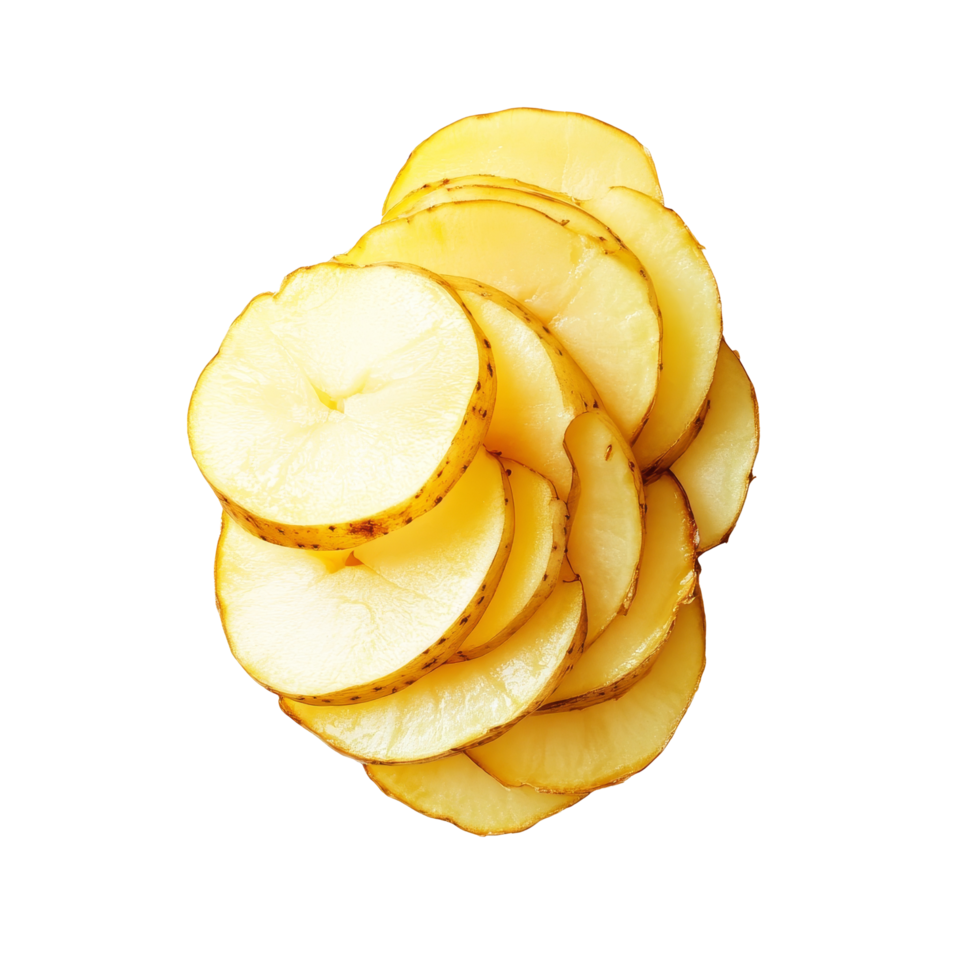 Freshly sliced potato laid out on a clean transparent background ready for culinary preparation in the kitchen, slice potato on transparent background png