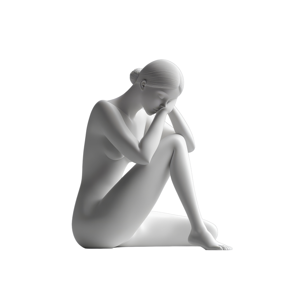 Elegant woman sculpture in a thoughtful pose isolated on a transparent background, Woman Sculpture 3d isolate rendering on transparent background png