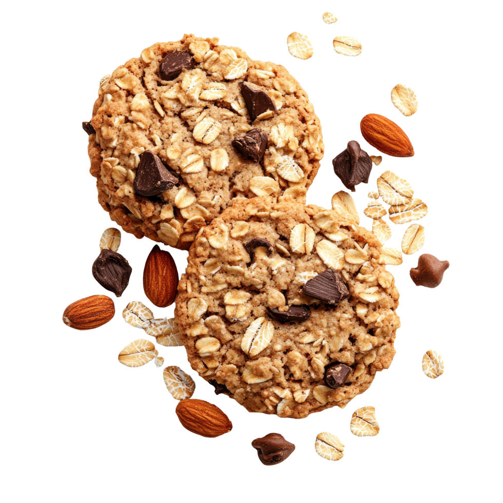 Delicious oatmeal cookies with chocolate chips and muesli on a clean transparent background, perfect for snacking anytime, Oatmeal cookies and muesli on transparent background png