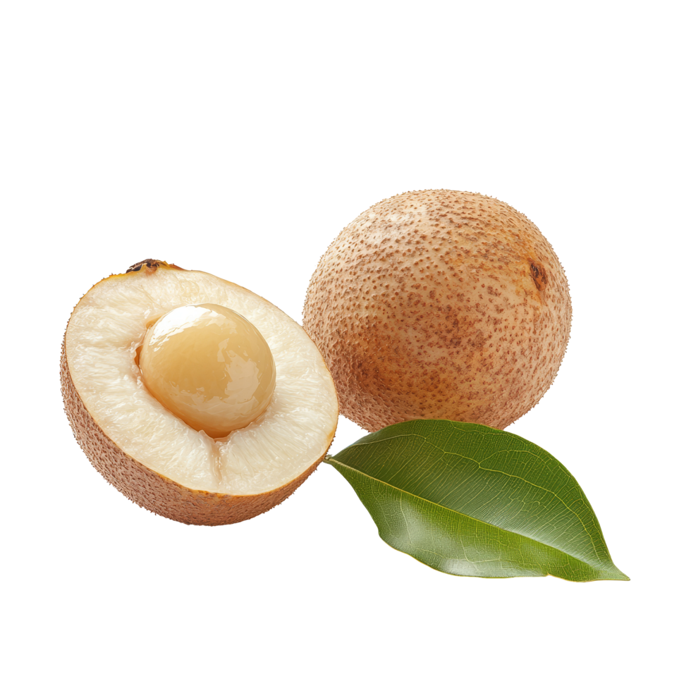Half longan fruit presented on a clean transparent background with green leaves adding natural contrast, half longan isolated on transparent background png
