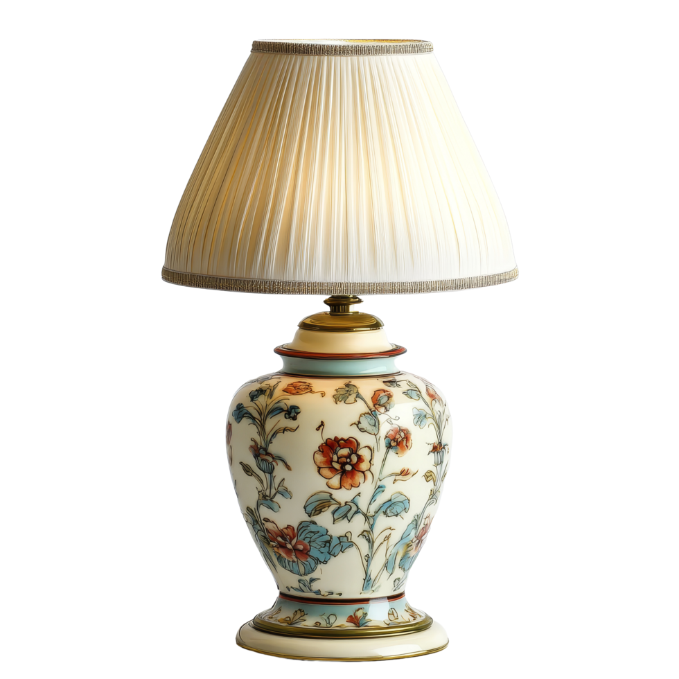 Elegant table lamp with floral design illuminating a bright transparent background in a serene setting, Table lamp transparent background png