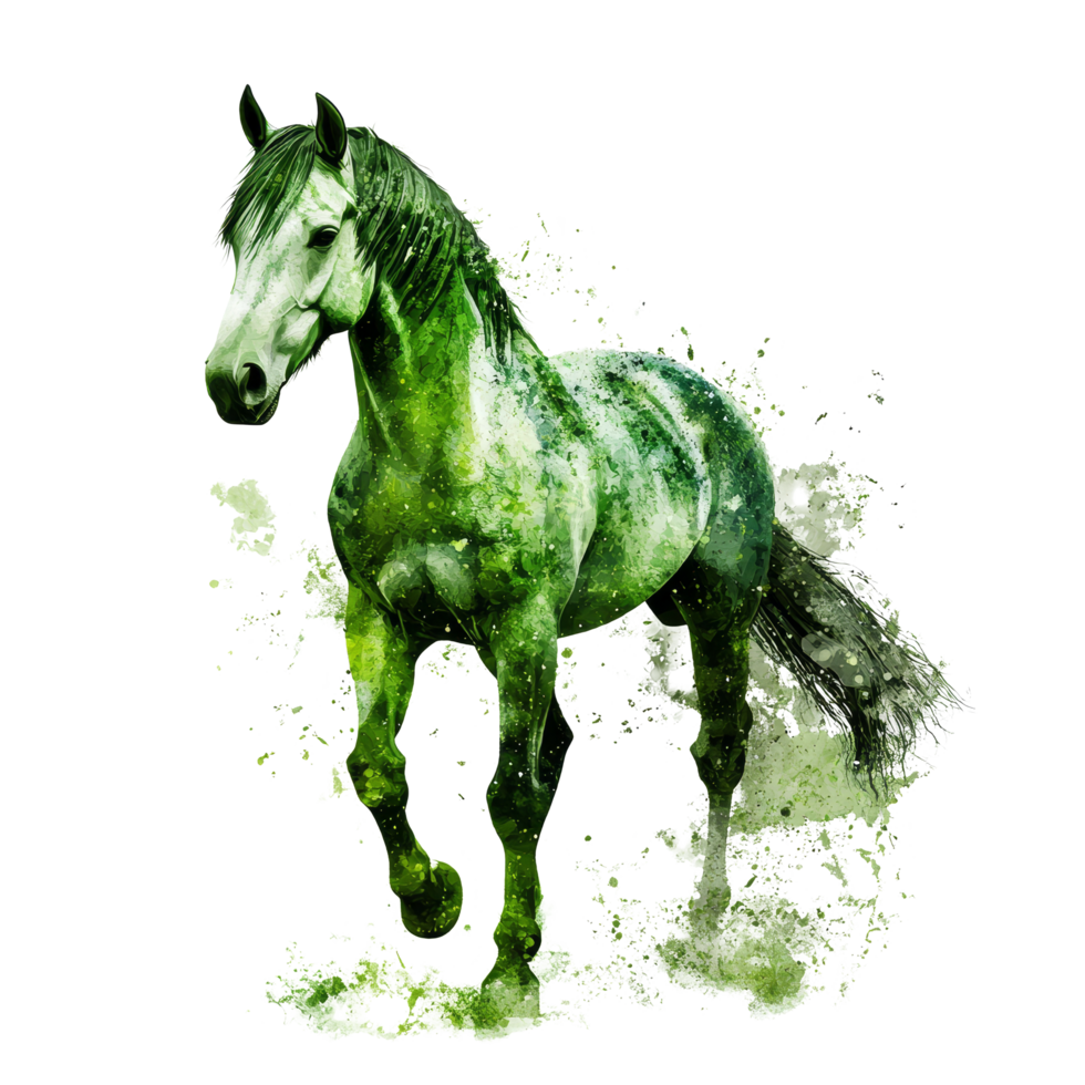 A vibrant green horse stands in isolation against a clean transparent background, showcasing its unique color and stance, green horse isolated on transparent png