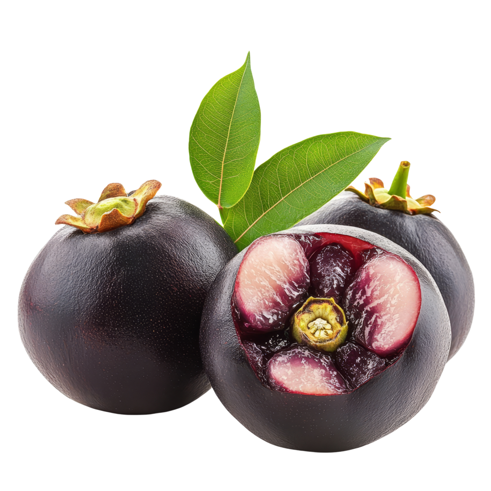 Closeup of fresh mangosteen with leaves isolated on a clean, transparent background showcasing its vibrant color and unique shape, Closeup mangosteen isolated on transparent background png