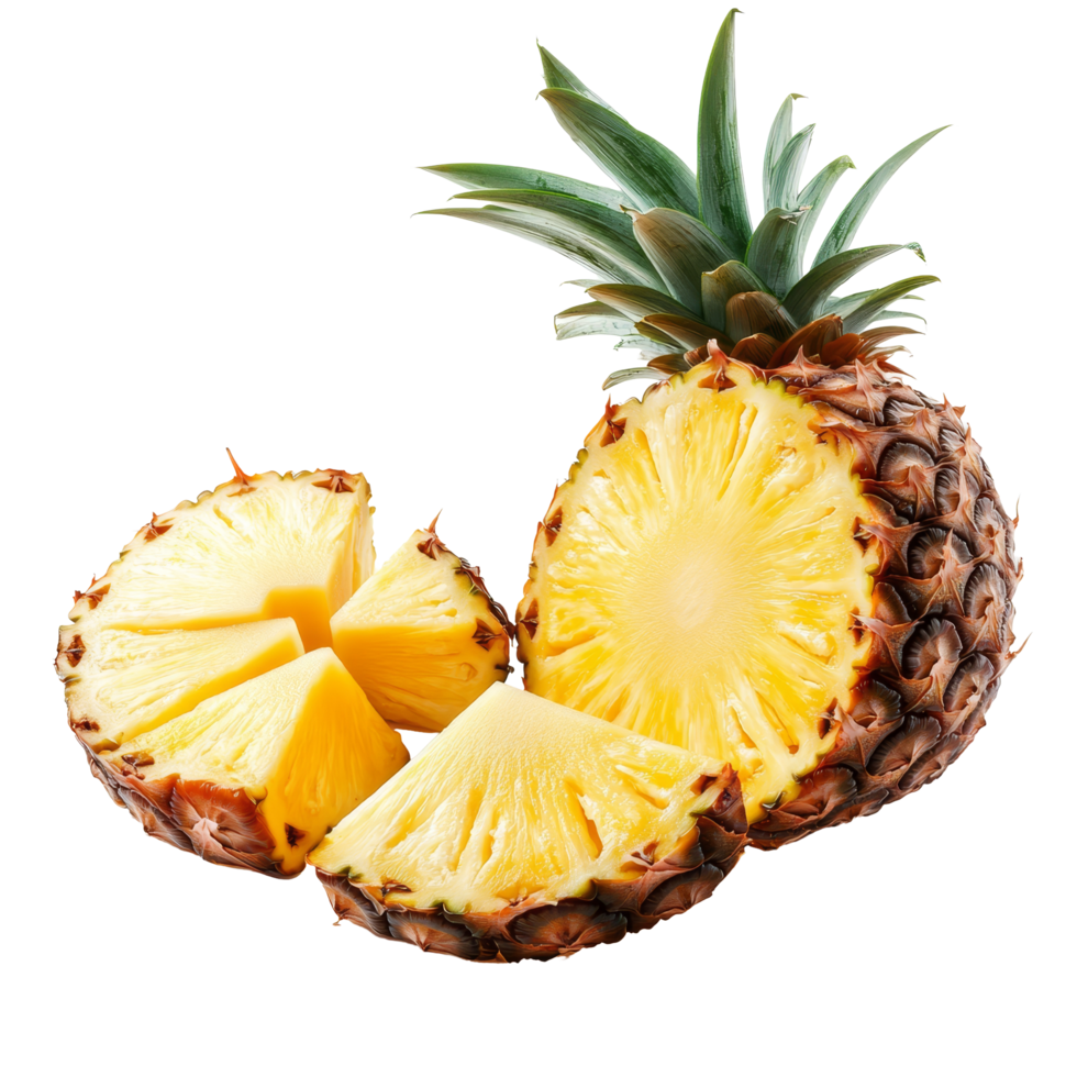 Fresh pineapple slices on a transparent background showcasing vibrant yellow fruit and green leafy crown, piece of pineapple with slices on transparent background png