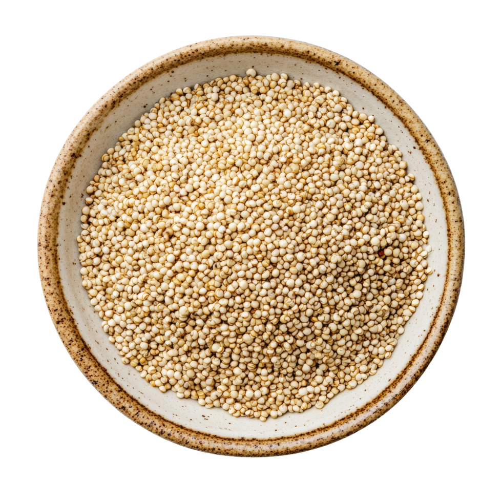 Healthy quinoa grains neatly arranged in a rustic plate on a clean transparent background for nutritious meal options, Quinoa in a plate on transparent background png