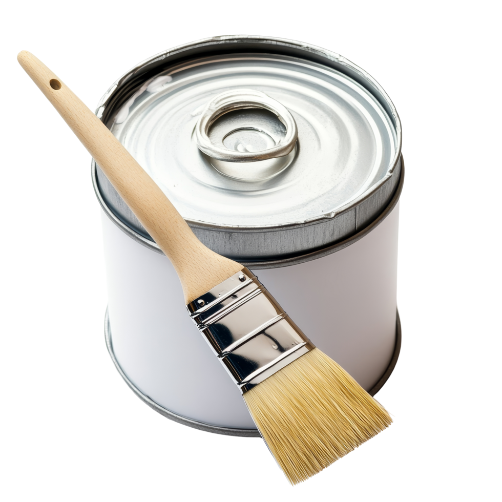 A paint can with a brush placed beside it on a clean transparent background ready for arts and crafts activities, paint can with brush on transparent background png