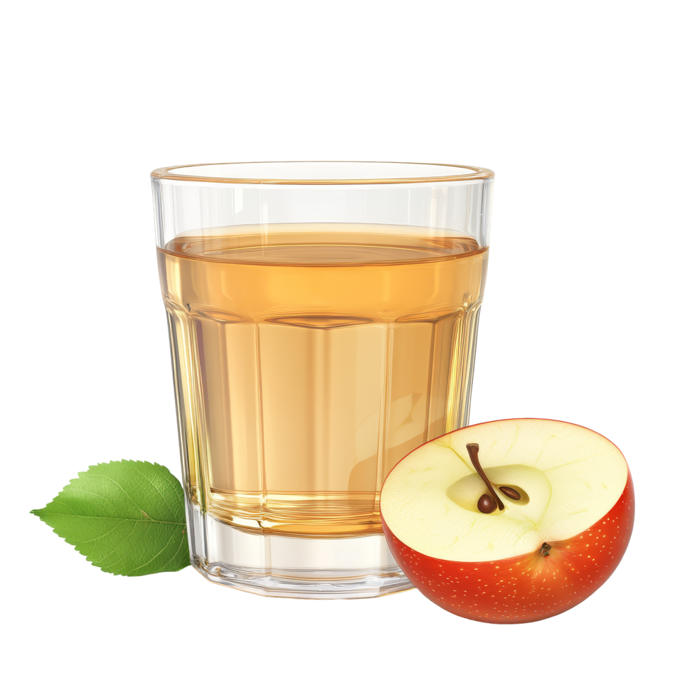 A refreshing glass of apple juice with an apple and leaf isolated on a transparent background, Glass of apple juice isolated png