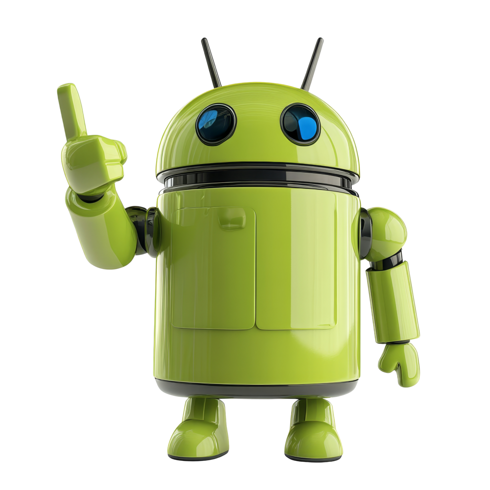 A green android figure with a pointing gesture on a transparent background showcasing interaction, Android Hand Pointing Gesture on transparent background png