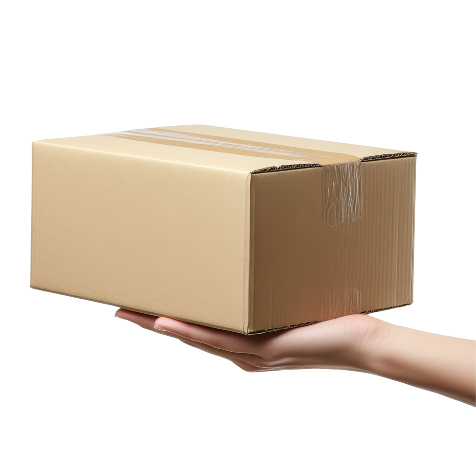 A hand holding a brown cardboard box showcasing a carton package delivery in a clean setting, Hand holding cardboard box, giving carton package isolated on transparent png
