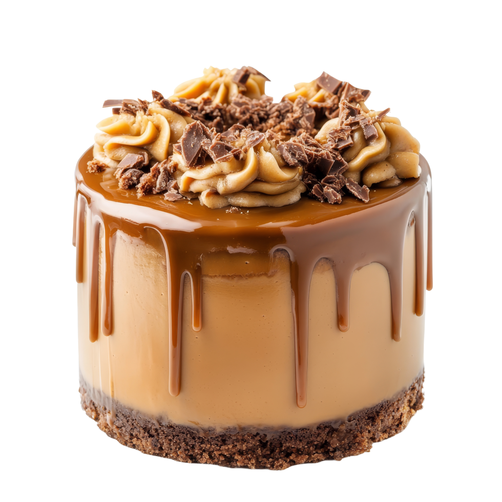 Delicious caramel mud cake with chocolate topping presented on a transparent background, caramel mud cake isolated on transparent background png