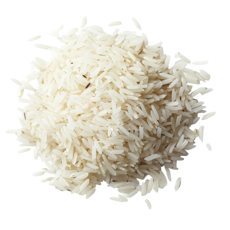 A pile of uncooked transparent rice arranged on a clean, plain transparent background for culinary or nutritional use, rice on transparent background png
