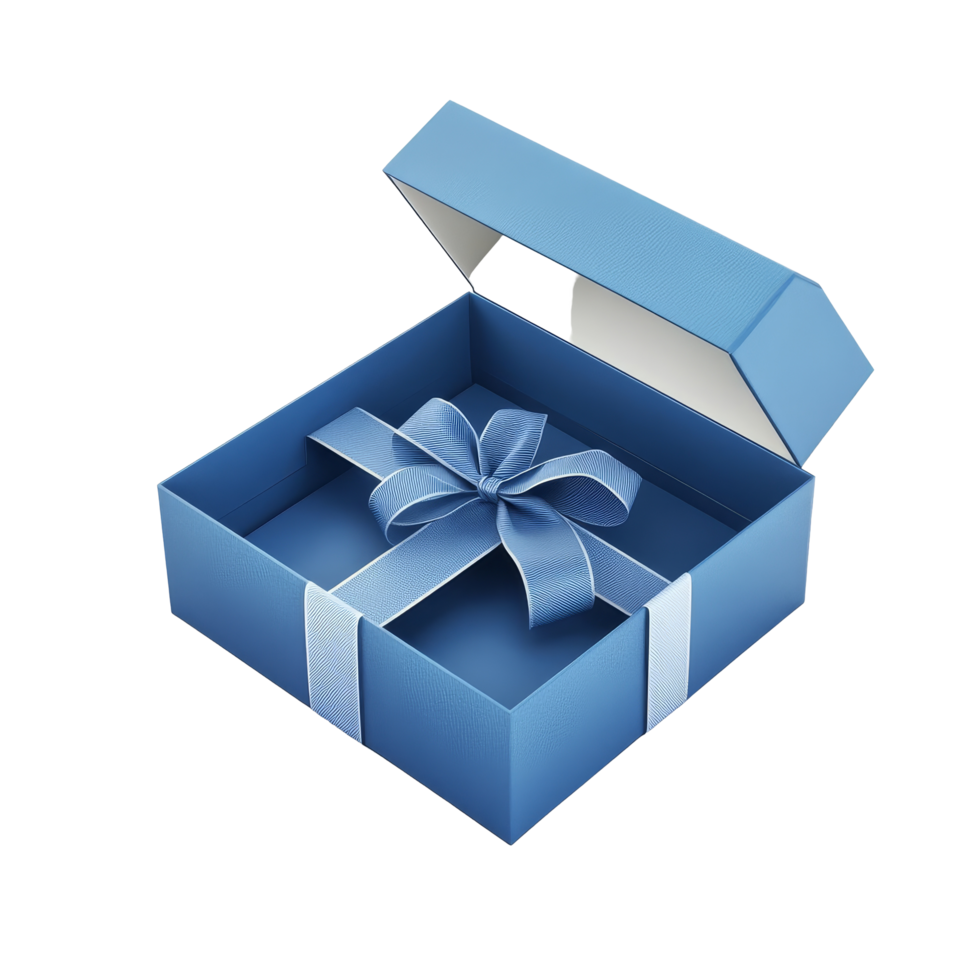 A beautifully crafted blue open gift box with ribbon on a clean transparent background for celebrations, Blue open gift box with ribbon isolated on transparent background png