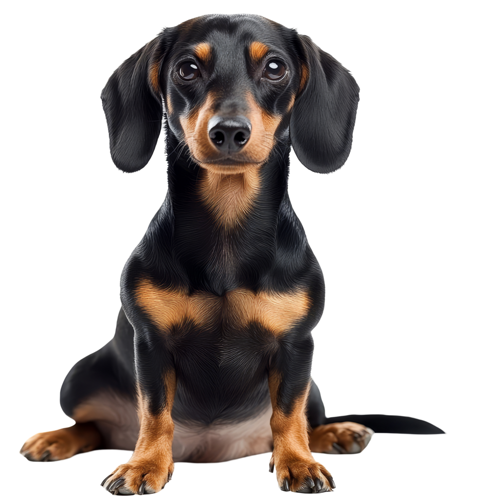 Adorable sausage dog sitting calmly on a transparent background, showcasing its charming personality and unique appearance, sausage dog isolated on transparent background png