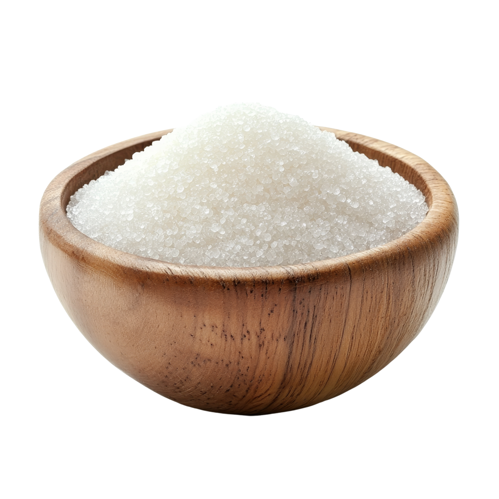 Fine granulated sugar piled in a natural wood bowl on a minimalistic transparent background, Sugar in wood bowl on transparent background png