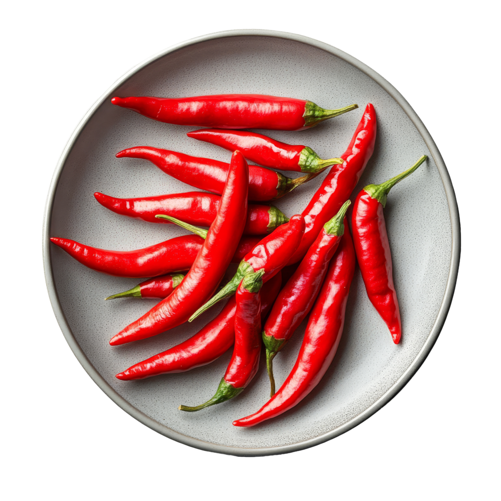 Fresh red chili peppers arranged neatly on a gray plate isolated against a clean transparent background for culinary inspiration, chili peppers in plate isolated on transparent background png