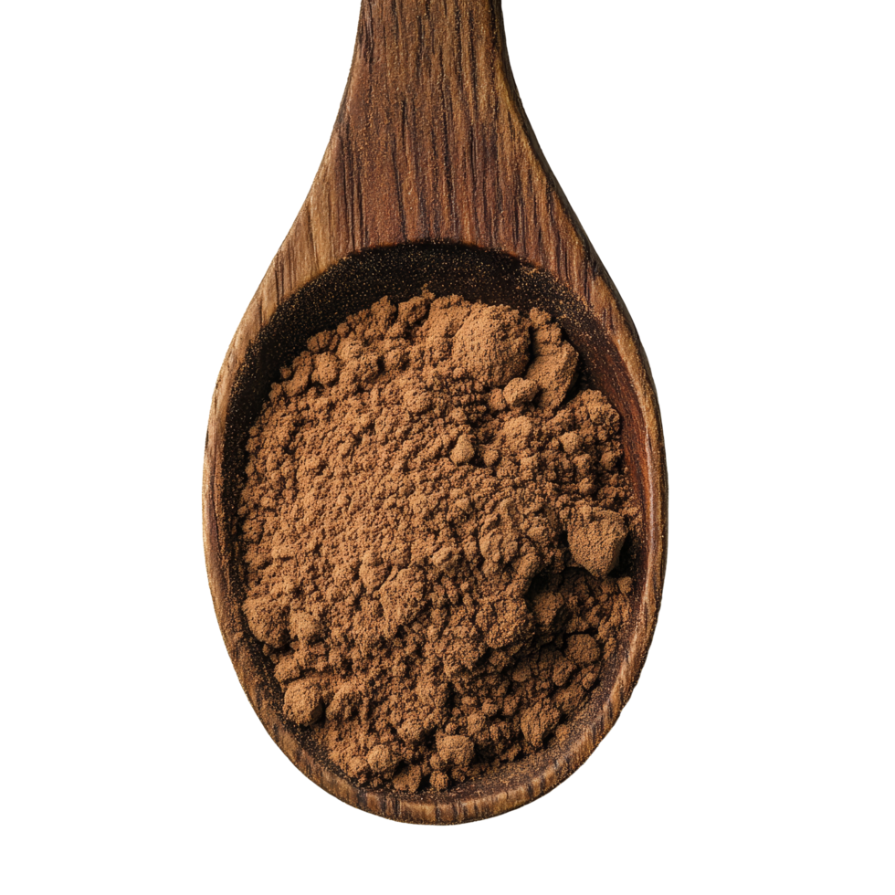 Cocoa powder resting in a wooden spoon against a pristine transparent background captured in bright tones, Cocoa powder in a wood spoon on transparent background png