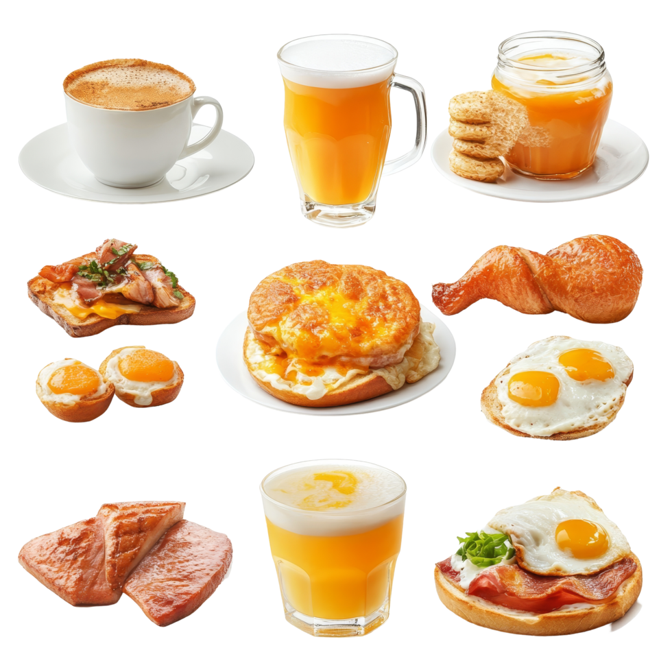 A delightful breakfast spread featuring eggs, meats, and beverages on a bright transparent background, Breakfast food and drinks isolated on transparent background png
