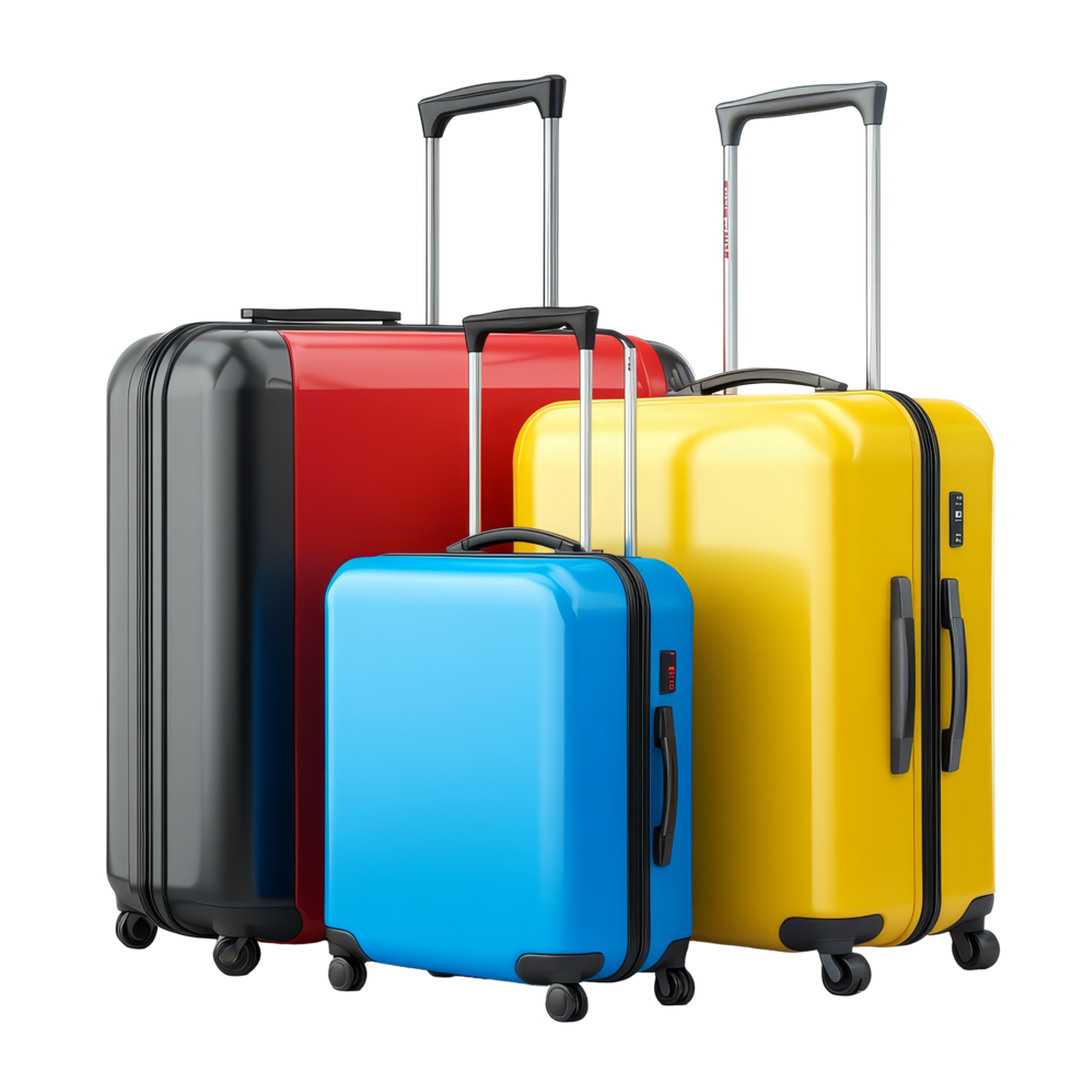 Colorful travel suitcases in blue, yellow, red, and black arranged in a stylish manner for your next adventure, travel suitcases, blue, yellow, red and black isolated on transparent background png