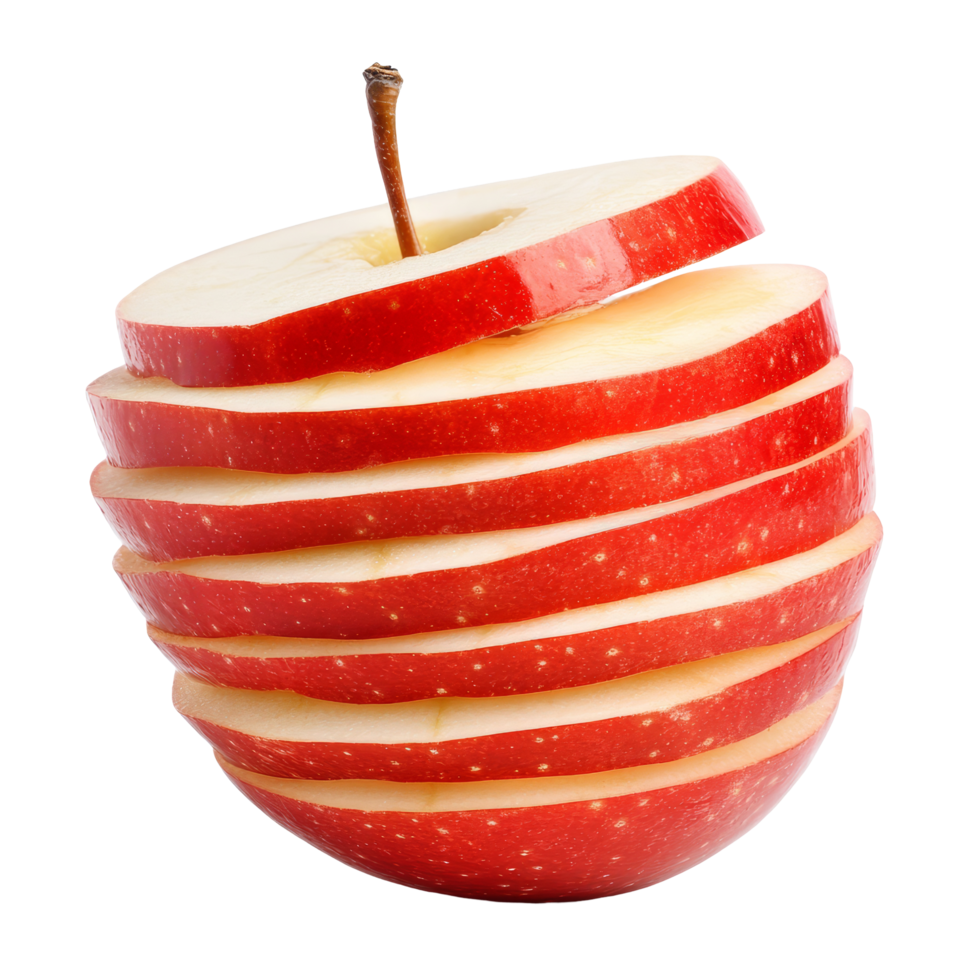 Sliced red apple isolated on a transparent background, showcasing fresh fruit cut in a distinct layered style, Red apple slice isolated on transparent background png