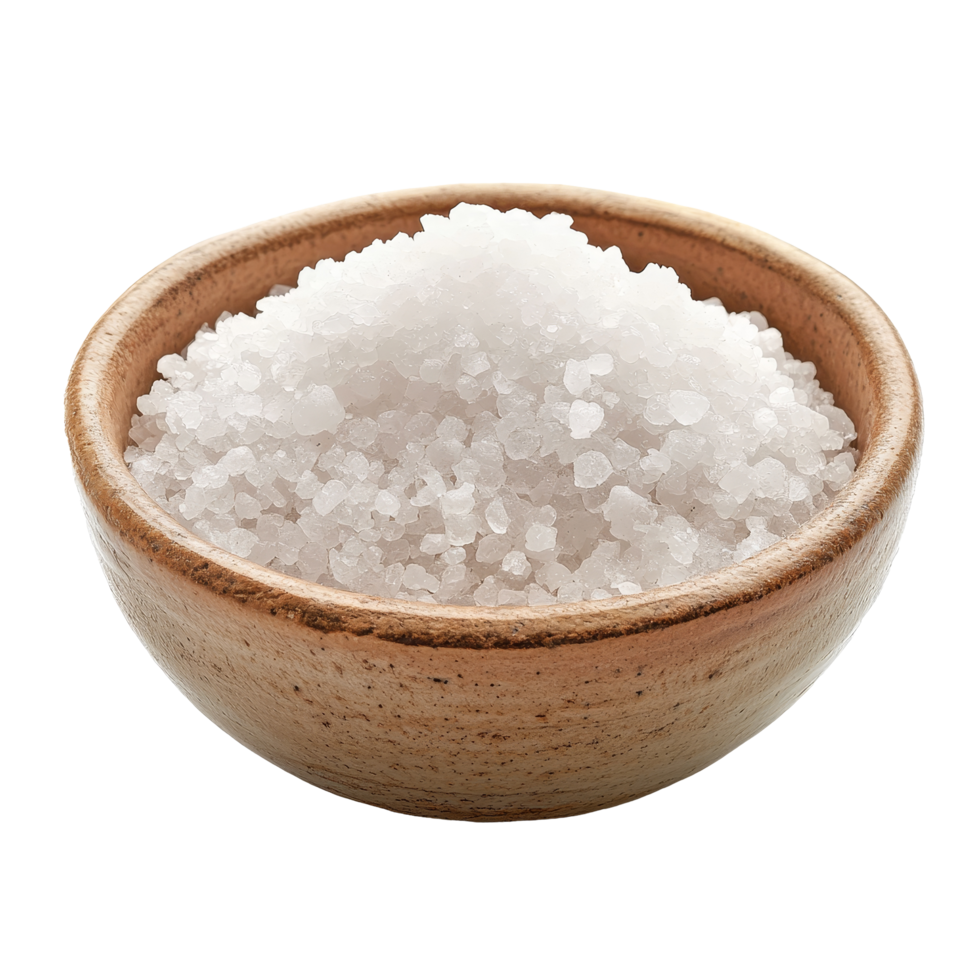 Ceramic bowl filled with coarse sea salt on a transparent background for culinary and decorative uses, salt in ceramic bowl on transparent background png