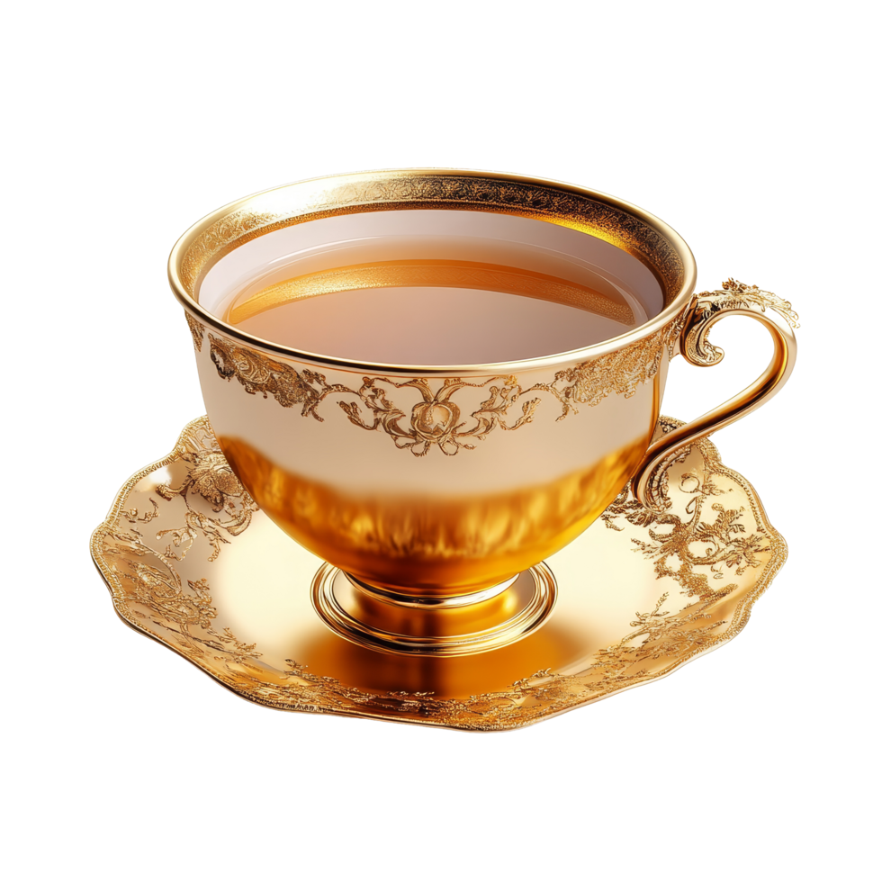 Luxurious golden tea cup and saucer beautifully crafted and isolated against a pristine transparent background, luxury golden cup of tea isolated on transparent background png