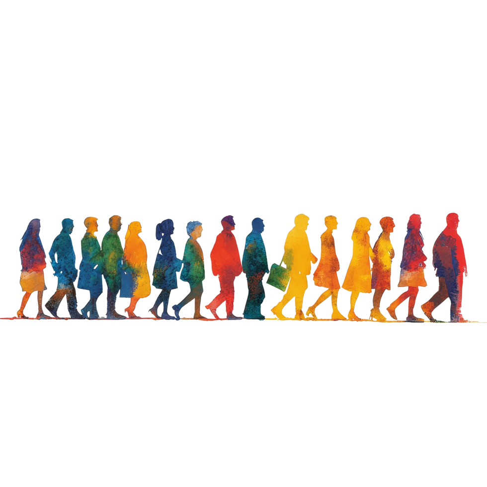 Colorful line of diverse individuals walking together on a bright transparent background, symbolizing unity and inclusivity in society, Colorful Diversity Line of People on transparent background png