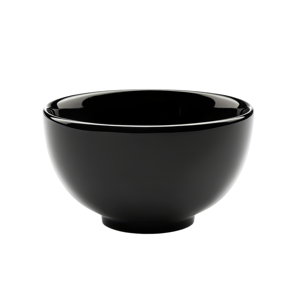 Elegant black bowl isolated on a transparent background, showcasing smooth design and glossy finish, Rice in a black bowl isolated on transparent background png