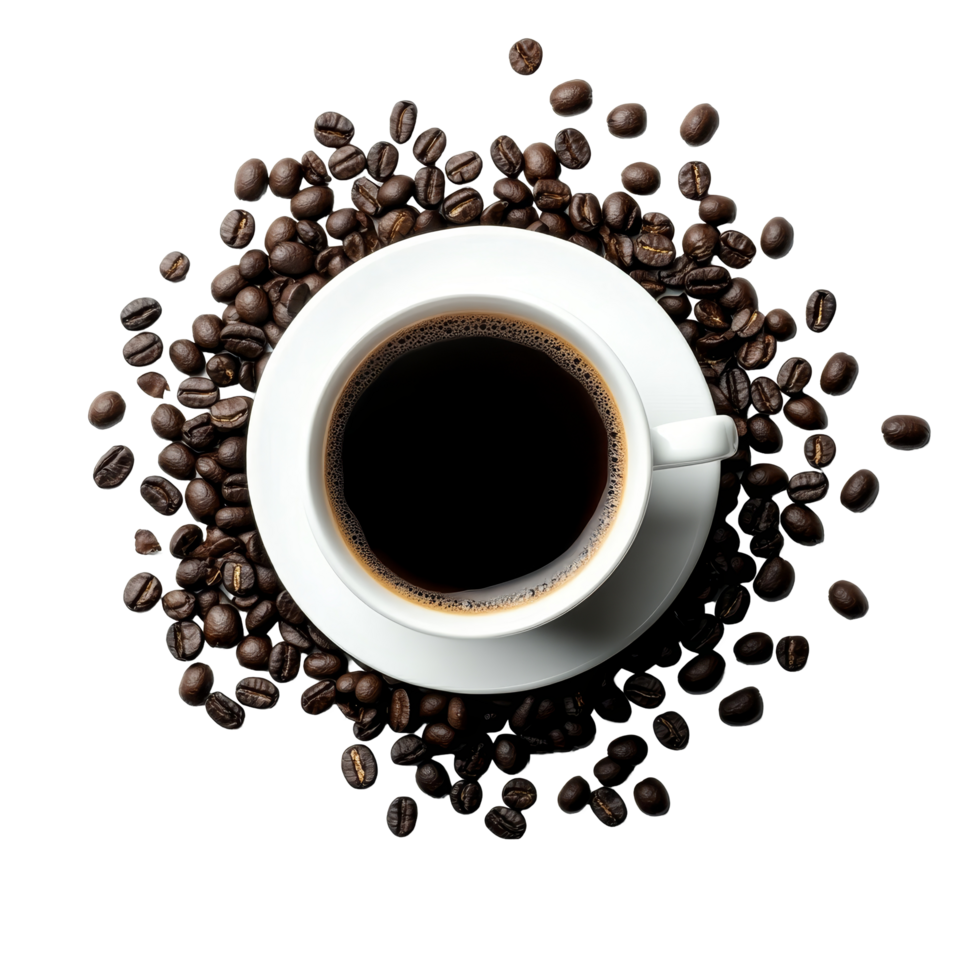 A cup of black coffee nestled among rich coffee beans on a bright transparent surface, Black coffee surrounded by coffee beans over transparent background png