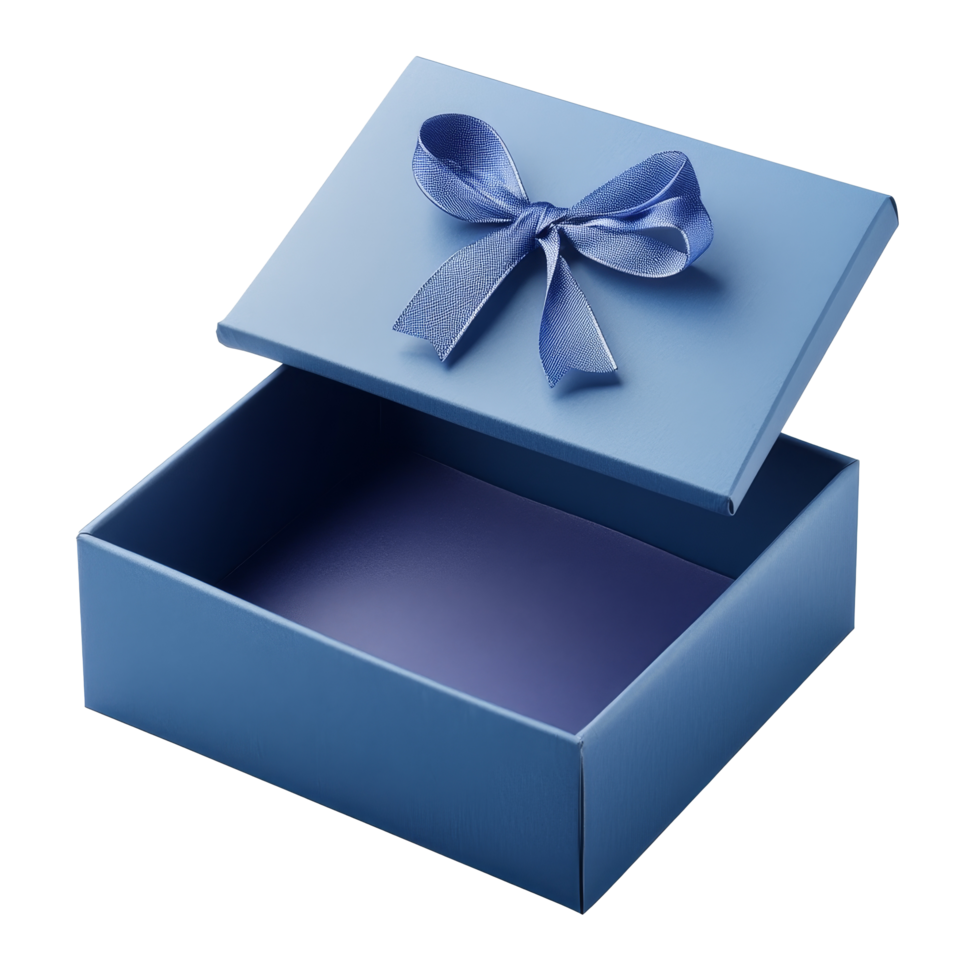 Open blue gift box with a ribbon, ideal for surprises, on a flat surface, Blue color open gift box with ribbon png
