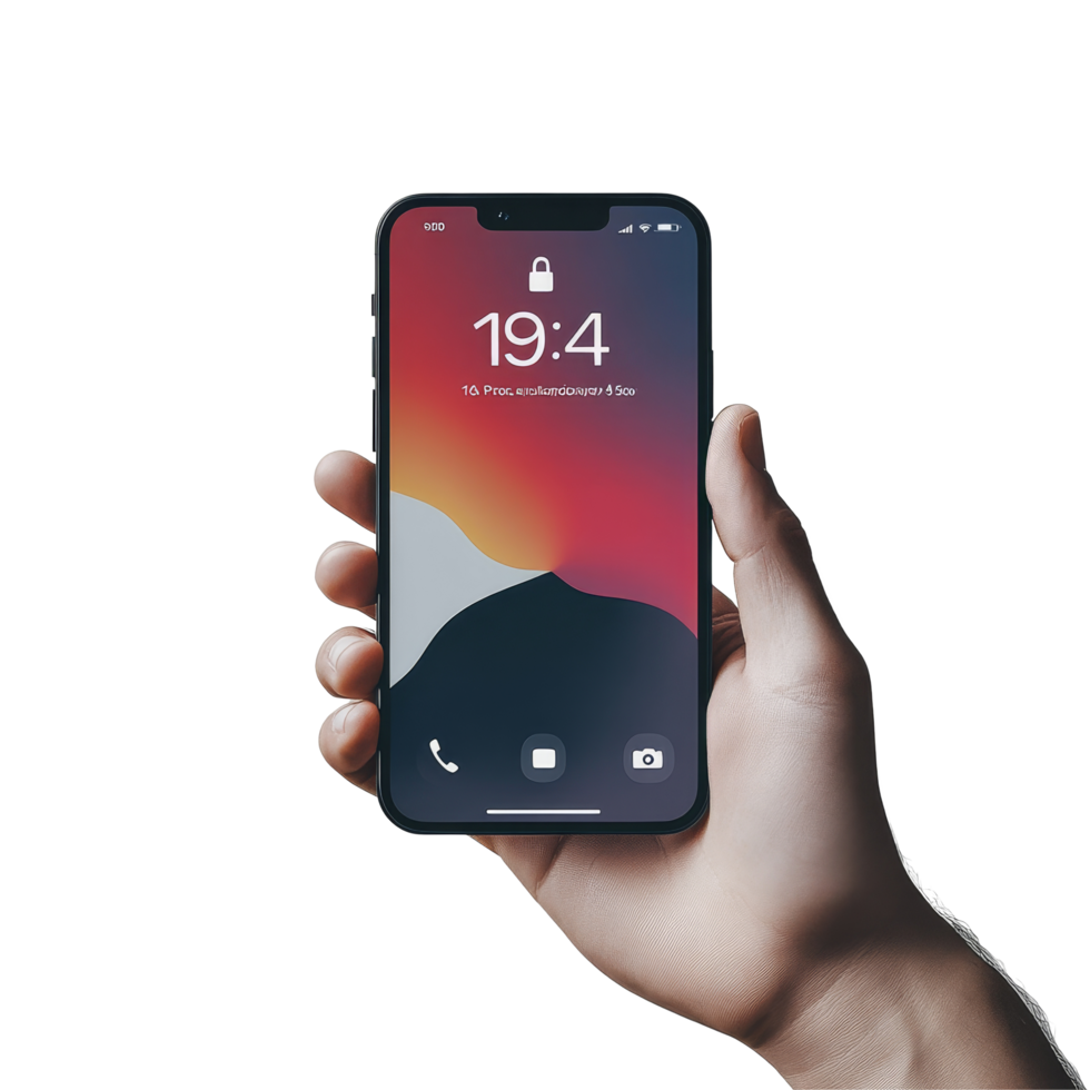 Hand holding a mobile phone mockup with a vibrant screen display in a minimalistic setting, Hand holding mobile phone screen mockup, iphone 14 pro, business app advertising png