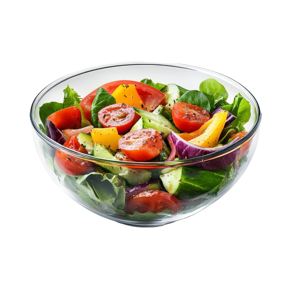 Freshly prepared salad with vibrant vegetables in a glass bowl against a clean transparent backdrop, Salad in glass bowl isolated on transparent background png