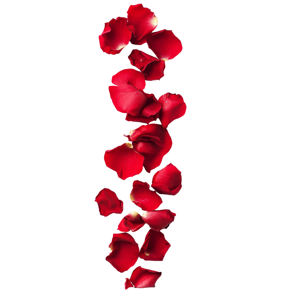 Scattered red rose petals isolated on a transparent background for romantic occasions or decor, strip of scattered red rose petals, file of isolated object on transparent background png