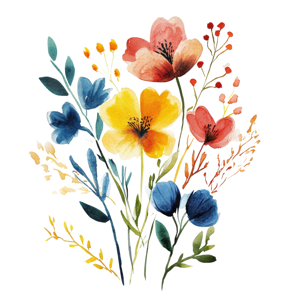 Colorful watercolor flowers with delicate details on a bright transparent background, showcasing natures beauty, Navy Watercolor Flowers on transparent background png