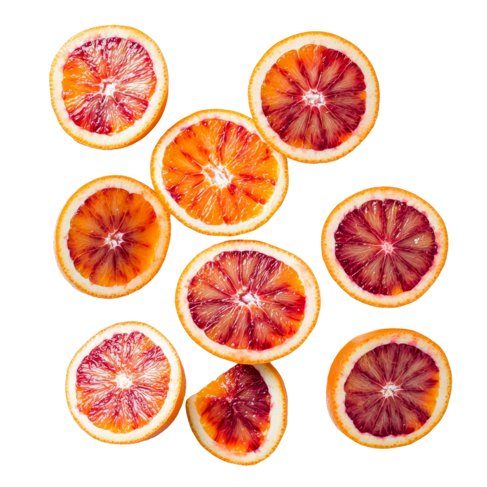 Sliced blood oranges on a transparent background highlight vibrant colors and textures for culinary inspiration, sliced blood oranges on transparent background png