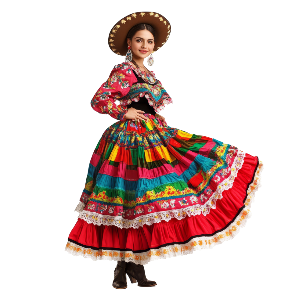 A young woman in a vibrant Charro dress lovingly showcases her culture at a festive gathering, a beautiful mexican girl wear Charro dress with ankle boot isolated on transparent background png