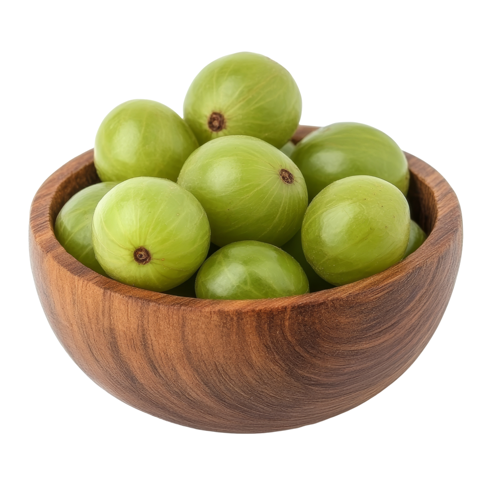 Fresh Indian gooseberries in a wooden bowl on a transparent background for healthy eating and cooking, Indian gooseberry in wood bowl isolated on transparent background png