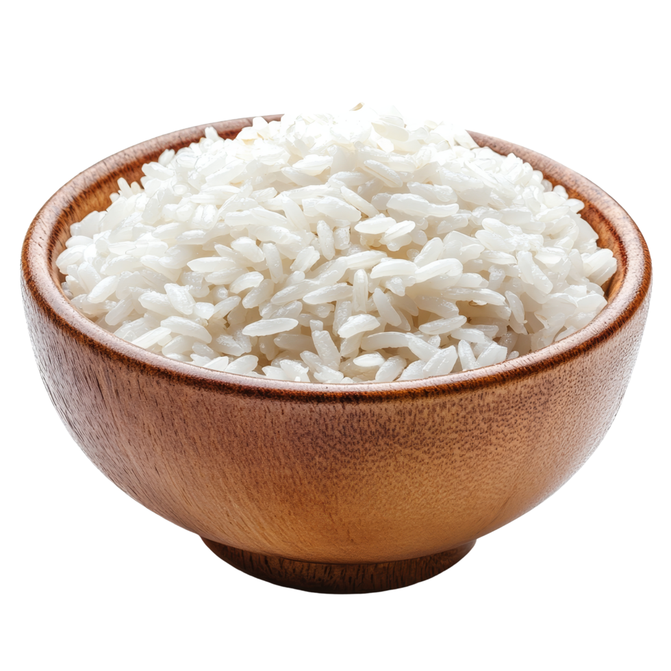 Freshly cooked transparent rice in a wooden bowl isolated on a clean transparent background perfect for culinary presentations, Rice in a bowl isolated on transparent background png
