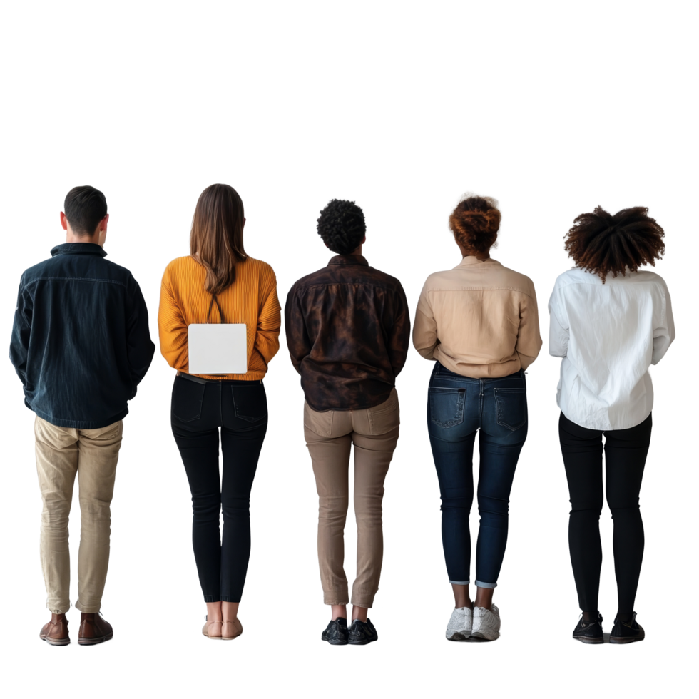 Diverse group of people waiting in line against a simple backdrop during a daytime event, Diverse people waiting patiently in line png