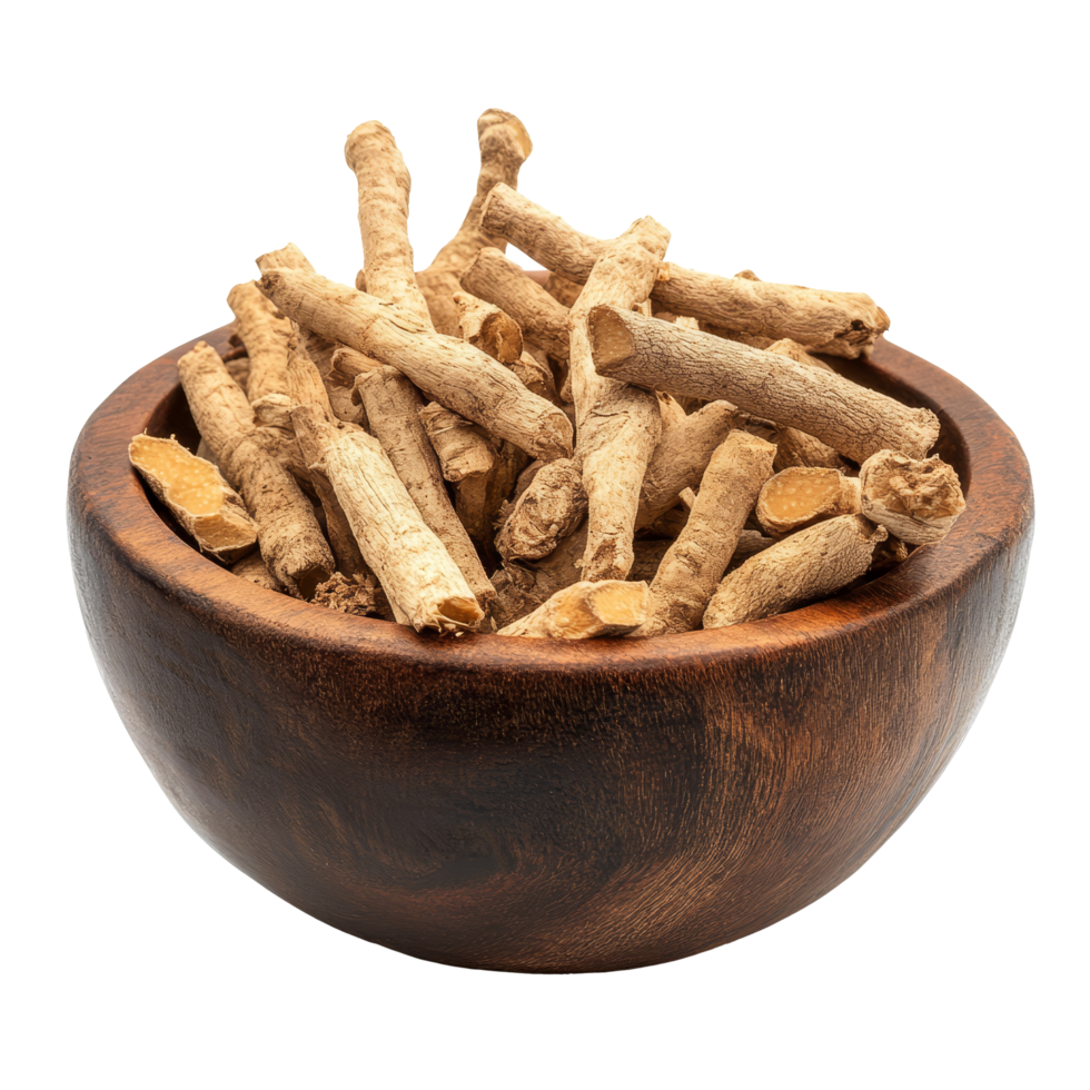 Discover the health benefits of finger root Krachai in a wood bowl on a transparent background, finger root Krachai Thai herb in wood bowl isolated on transparent background png