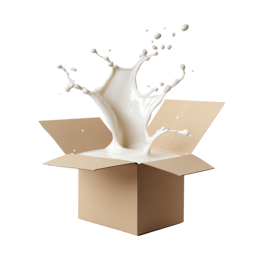 Milk splash erupting from open carton box against a clean transparent background, Carton box or packaging with milk splash isolated png
