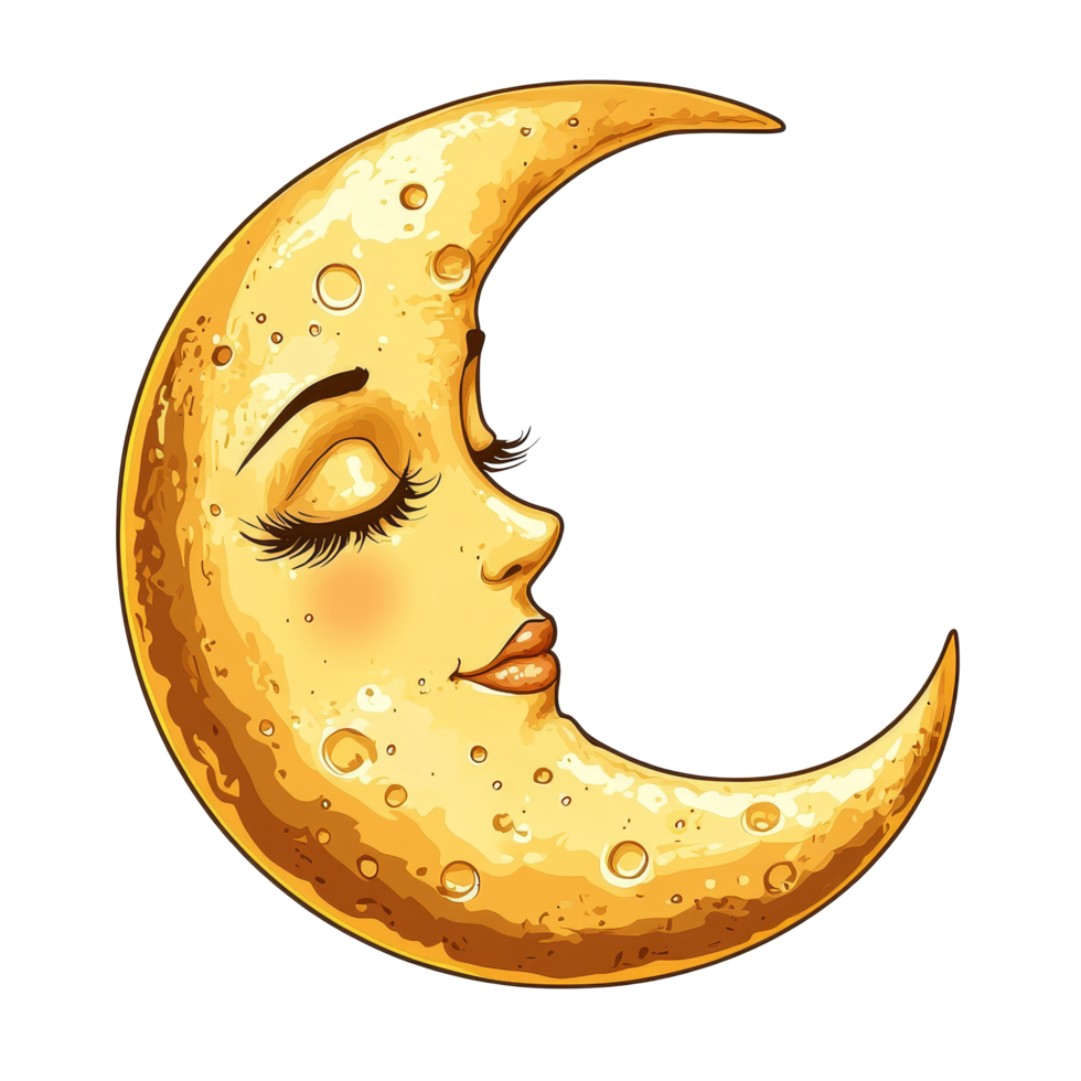 A cartoon crescent moon with a serene face against a bright transparent background, showcasing whimsical charm and nighttime element, Cartoon Crescent Moon with Face on transparent background png