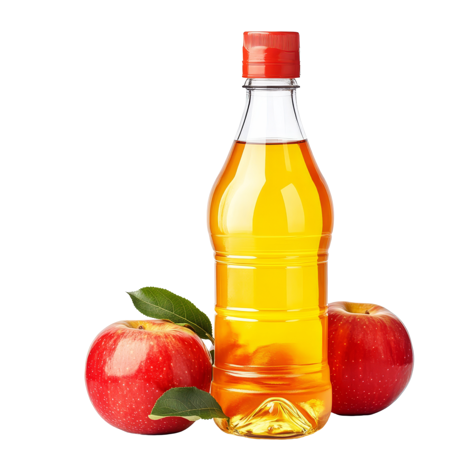 Fresh apple juice bottle with vibrant red apples on a clean surface surrounded by natural light, Bottle of apple juice with red apples isolated png