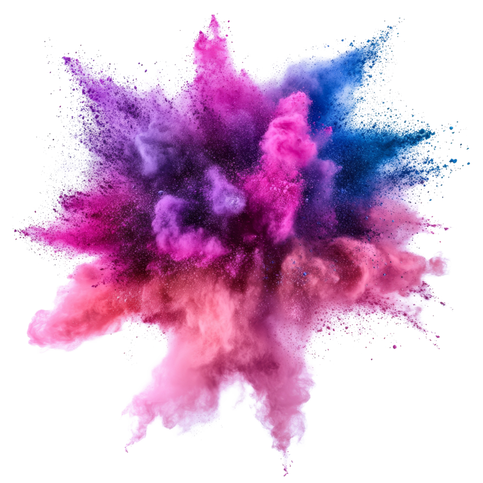 Color powder explosion against a transparent background showcasing vibrant hues of pink, purple, and blue in a dynamic and artistic display, color powder explosion isolated on transparent transparent png