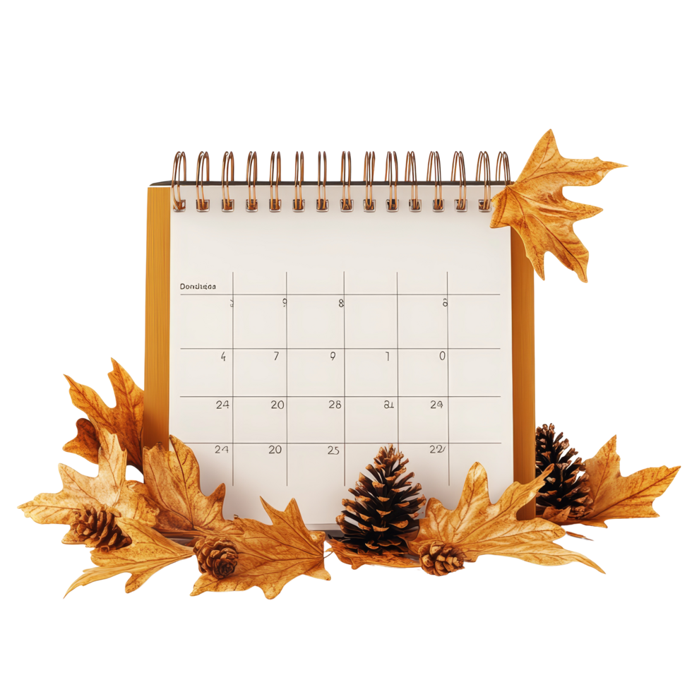 Table calendar for November surrounded by autumn leaves and pine cones on a transparent background, table calendar 2024 november isolated on transparent background png