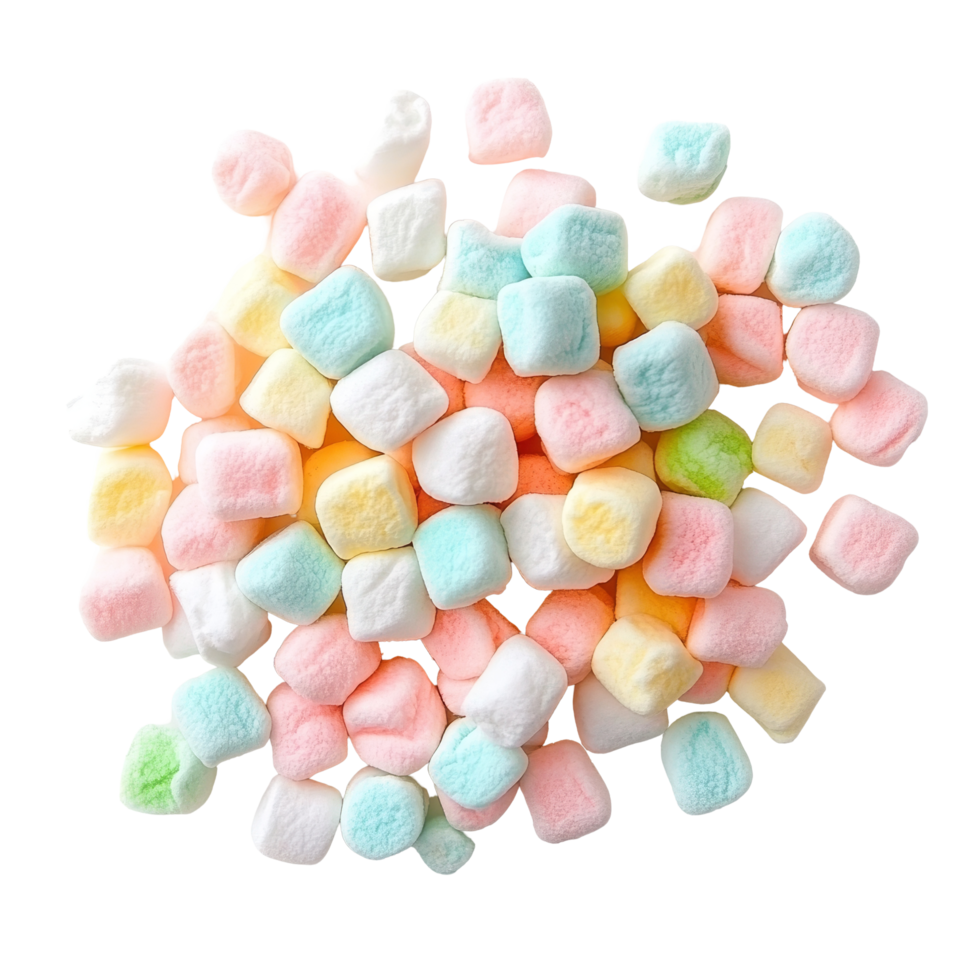 Colorful mini marshmallows in pastel hues scattered on a transparent background to enhance desserts or sweet treats, Colorful mini marshmallows isolated on transparent background png