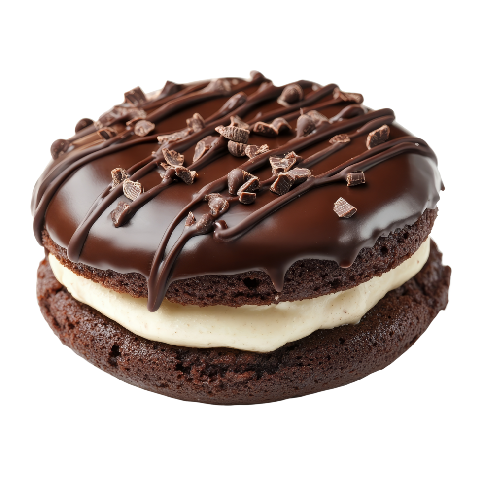 Delicious whoopie pie cake filled with cream and coated in rich chocolate on a clean transparent background, Isolated whoopie pie cake with chocolate on transparent png