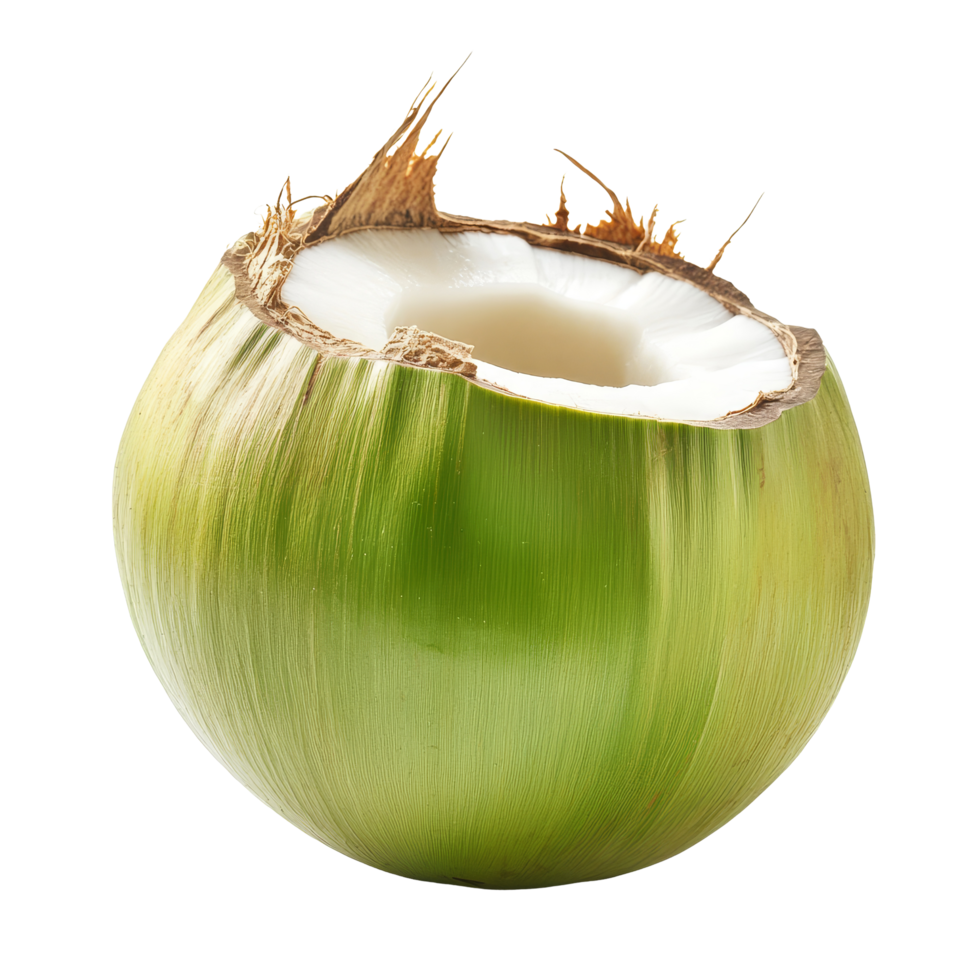 Fresh young coconut isolated on a transparent background showcasing its green exterior and refreshing inner content, young coconut isolated on transparent background png